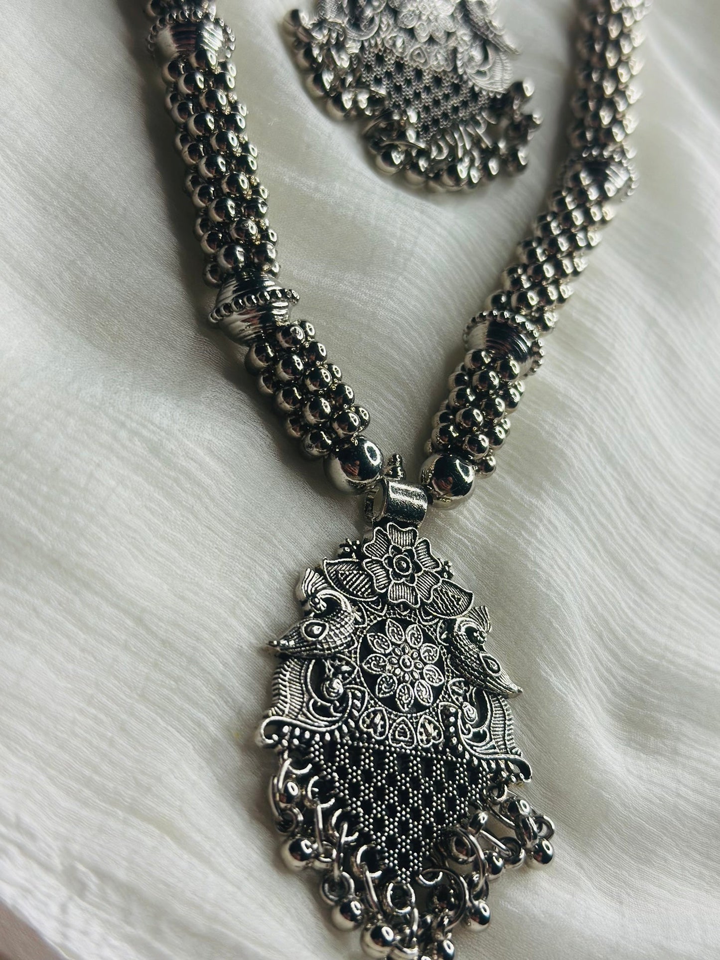 Oxidized Silver Navratri Special Long Necklace Set