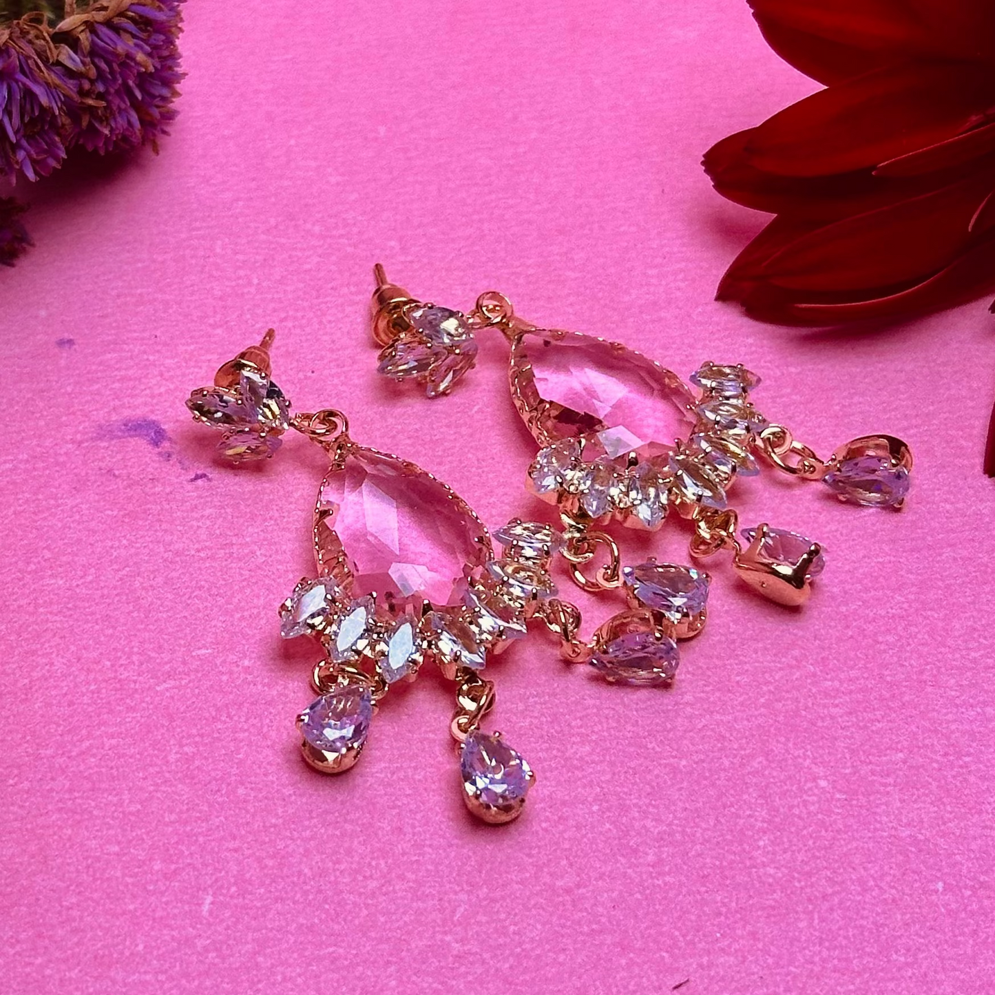 Royal pink AD Stone Chandelier Earrings