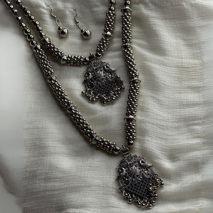 Oxidized Silver Navratri Special Long Necklace Set
