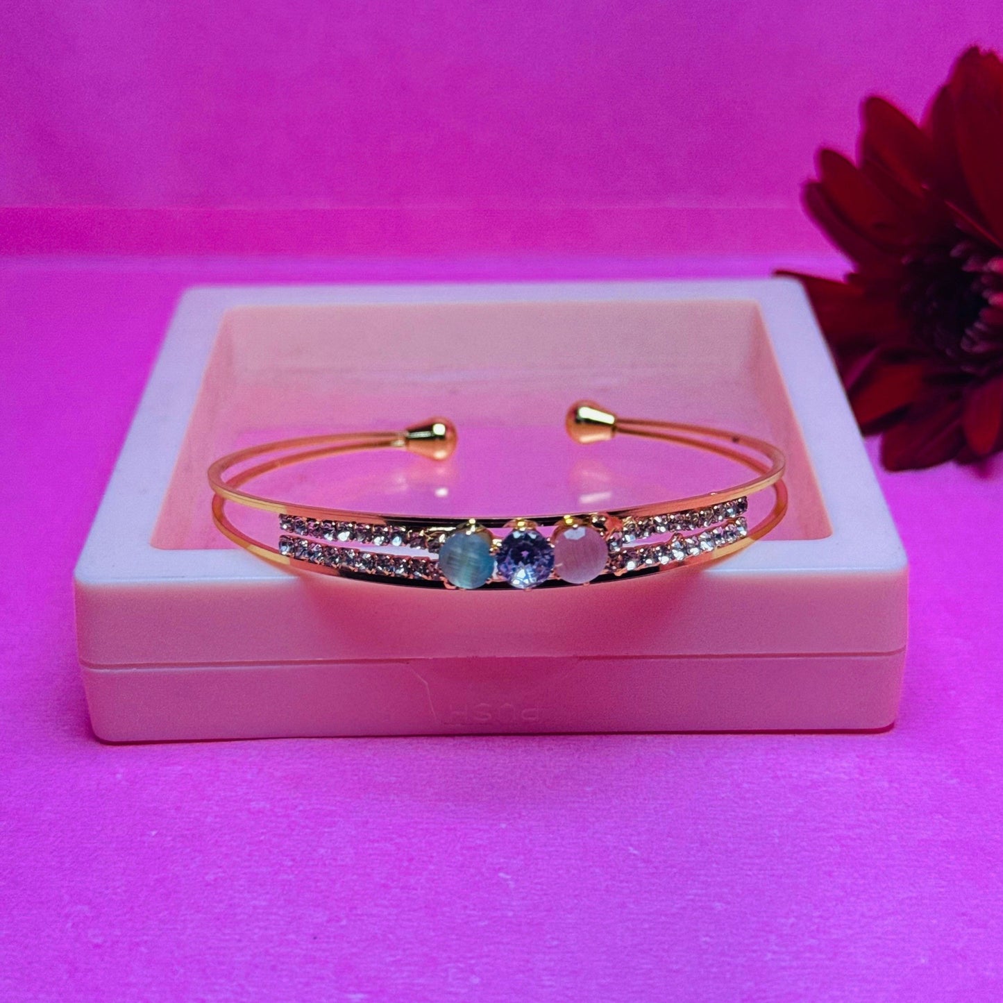 Luxe Gold Cuff Bracelet with Crystal Detailing and Gemstone Trio