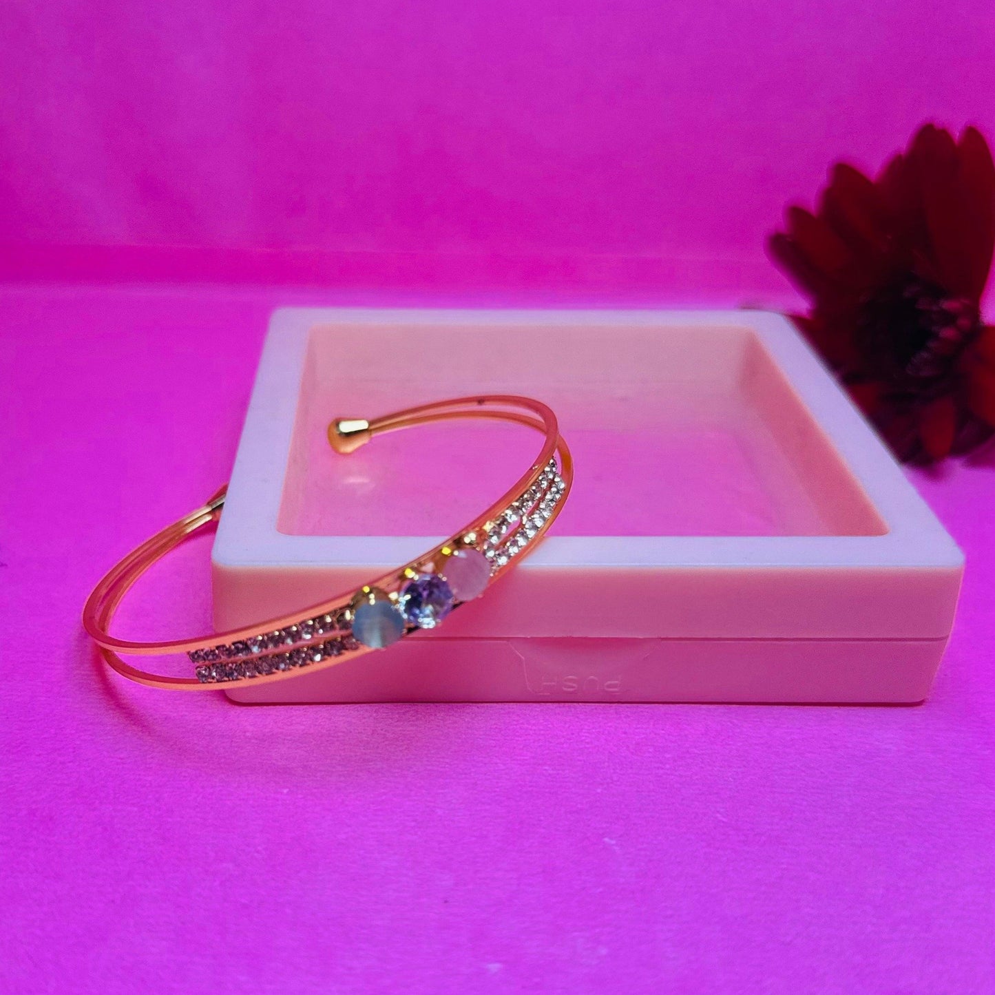 Luxe Gold Cuff Bracelet with Crystal Detailing and Gemstone Trio