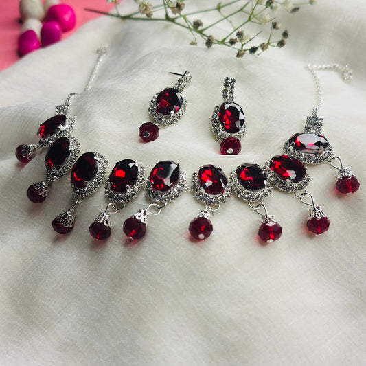 Glamorous Red Crystal Necklace and Earring Set