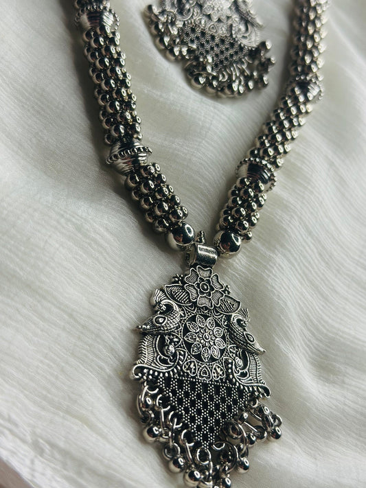 Oxidized Silver Navratri Special Long Necklace Set