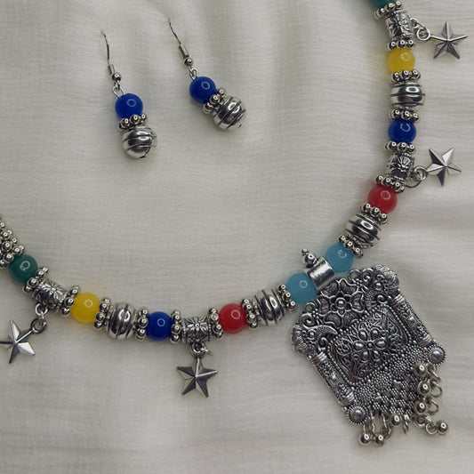 Oxidized Silver-Tone Choker Necklace Set with Colorful Beads