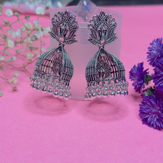 Oxidized Silver Jhumka Earrings with Lotus and Peacock Design