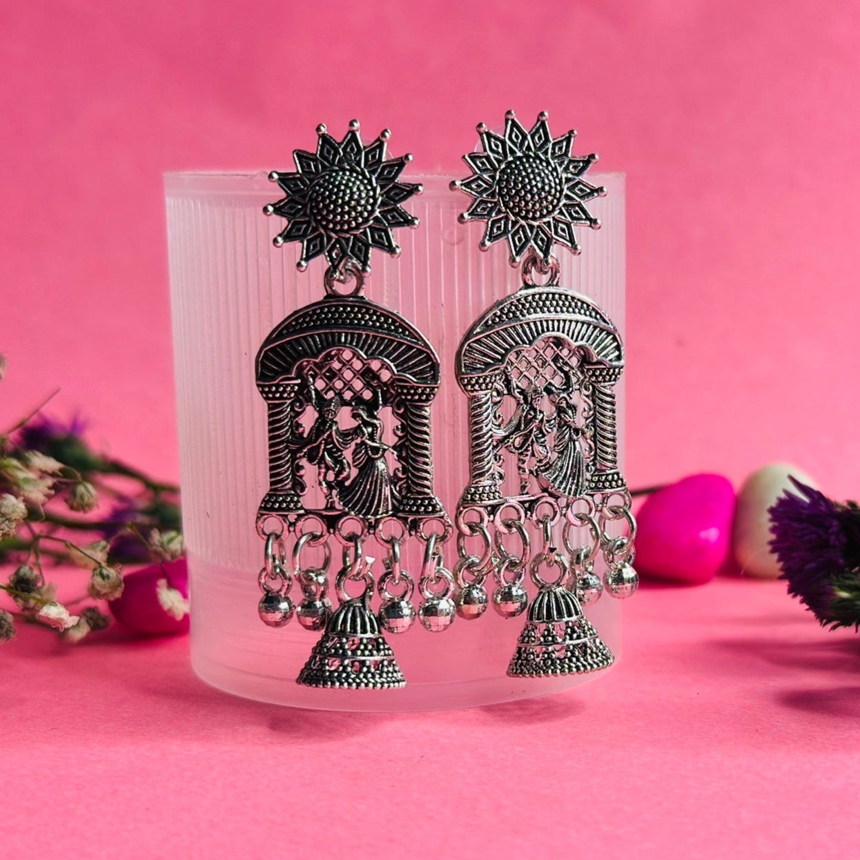 Radha Krishna Oxidized Silver Dangler Earrings