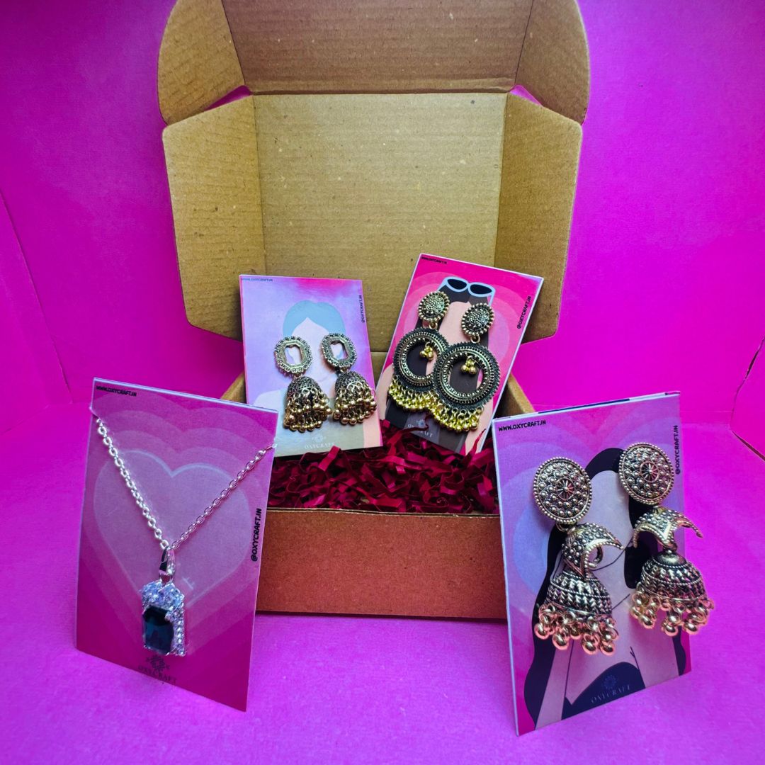 Oxidized Gold Jhumka Earrings Hamper with Free Gemstone Necklace