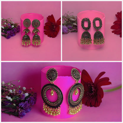 Oxidized Gold Jhumka Earrings Hamper with Free Gemstone Necklace