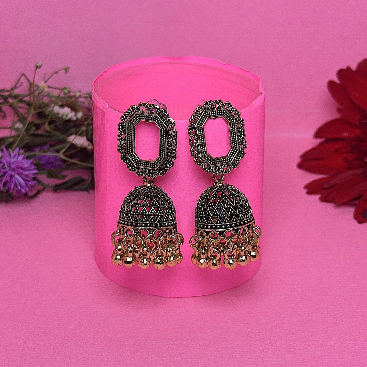 Oxidized Gold Jhumka Earrings Hamper with Free Gemstone Necklace